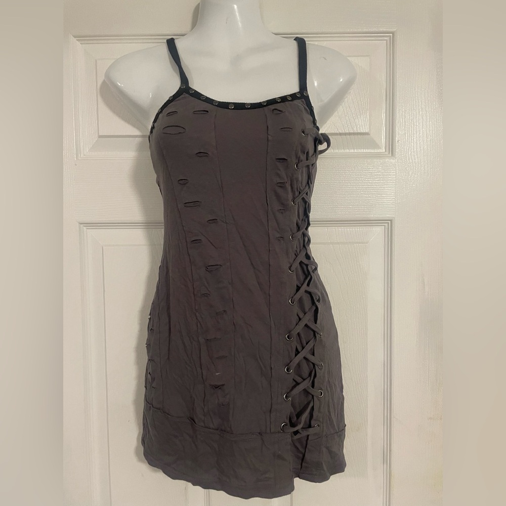 Gray Distressed Lace-Up Tank Top